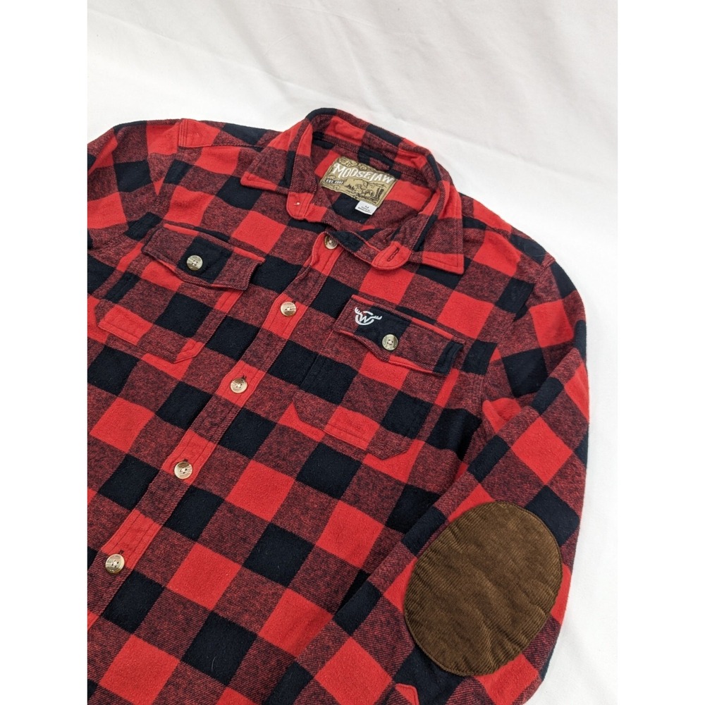 Moosejaw Mens Buffalo Plaid Flannel Shirt Red Black Lumberjack Patches Medium‎